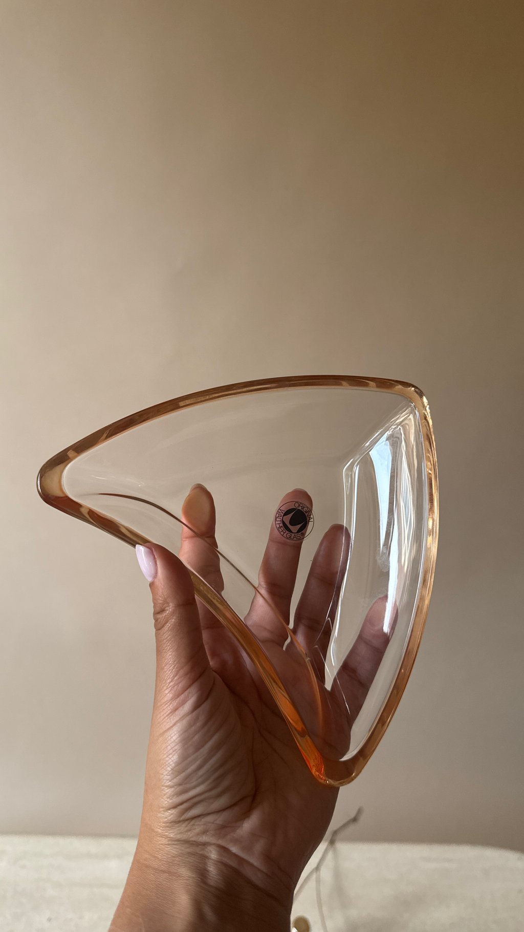 Mid-Century Modern Murano-Style Glass Trinket Dish | Peach Amber Rim