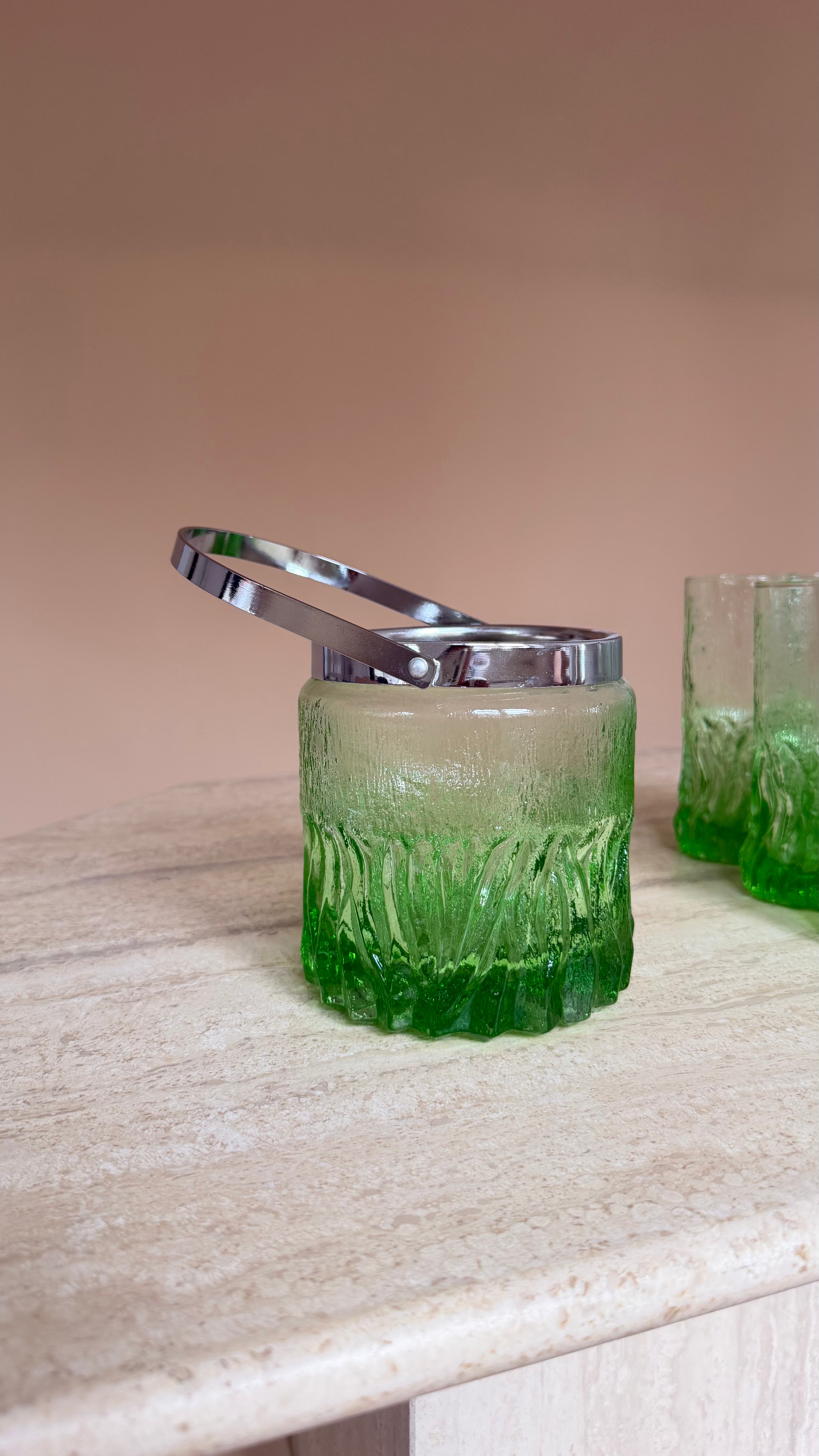 Vintage Italiaanse groene glazen set met ijsemmer | jaren ’60