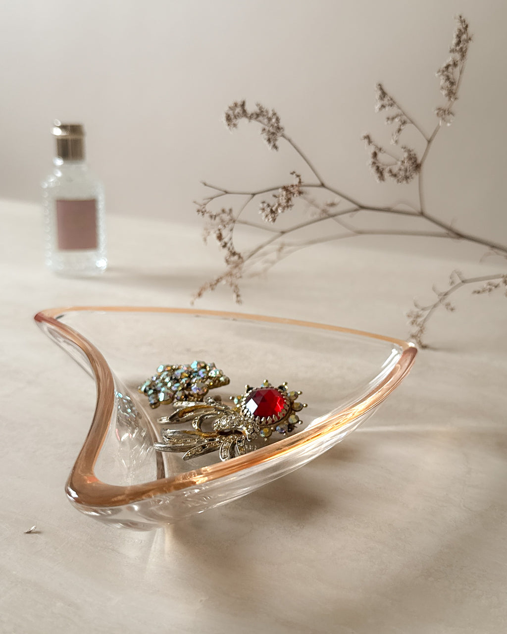 Mid-Century Modern Murano-Style Glass Trinket Dish | Peach Amber Rim