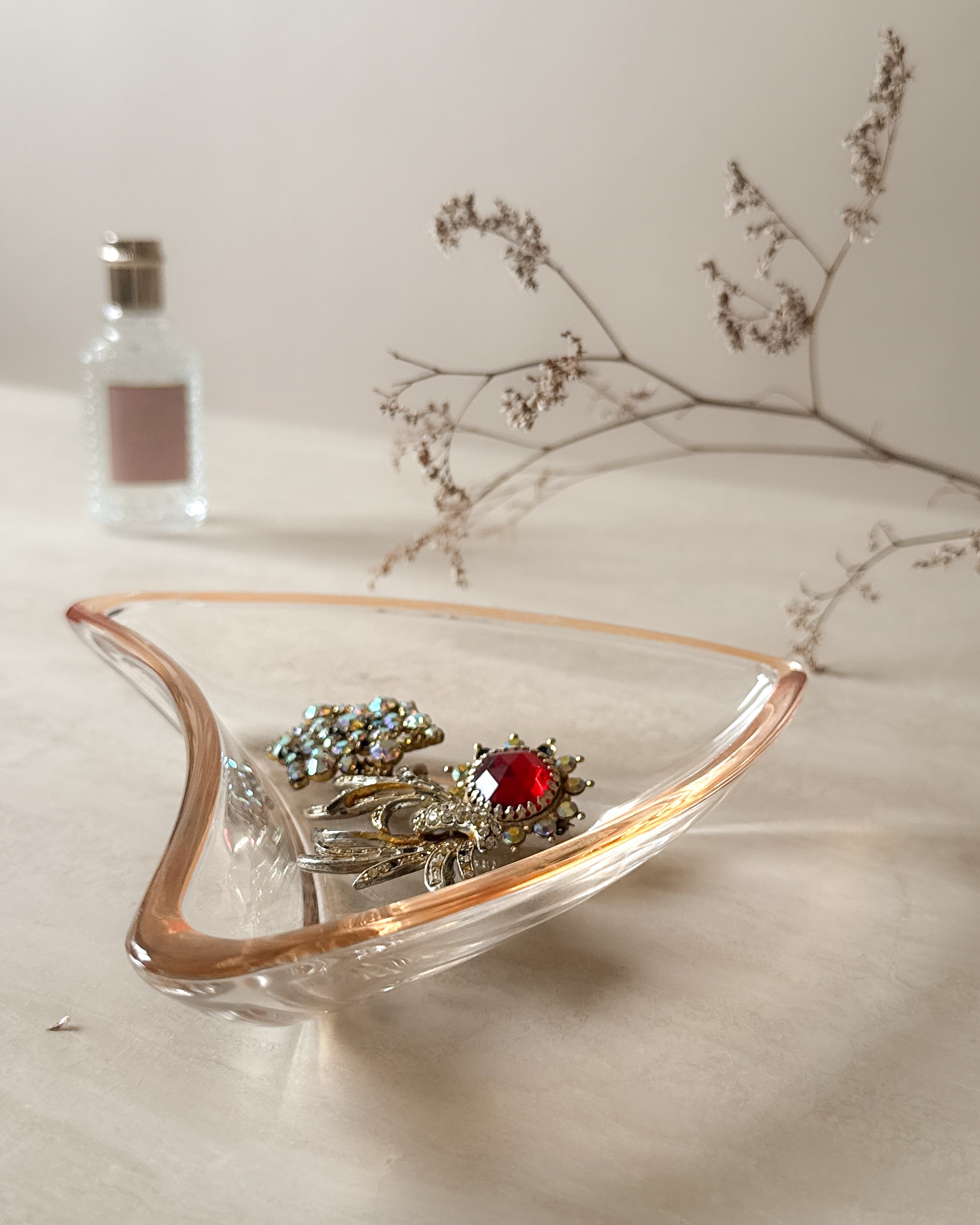 Mid-Century Modern Murano-Style Glass Trinket Dish | Peach Amber Rim